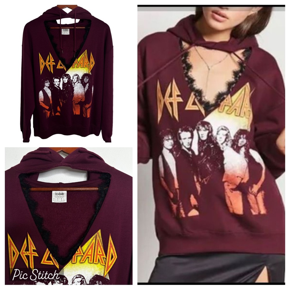Def Leppard Burgundy Hoodie Lace Cutout Detail  Sweatshirt Size Large